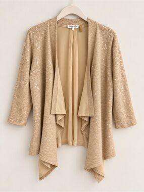 Minnie Rose Sequin Open Front Cardigan 100% Silk Lined Beige Size L